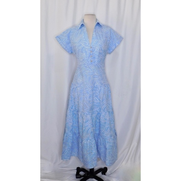 ZARA Embroidered Eyelet Lace Dress Light Blue White Tiered Midi Summer X-Small - Picture 3 of 16